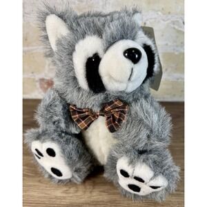 Vintage Cuddle Me By KB Raccoon Plush Stuffed Animal Gray Plaid Bow Tie 9" Tag